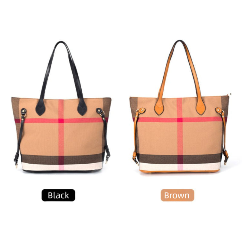 Classic Checkered Canvas & Leather Tote Bag