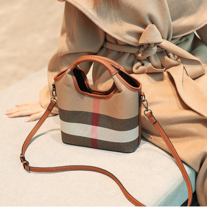 Classic Checkered Canvas & Leather Bucket Bag