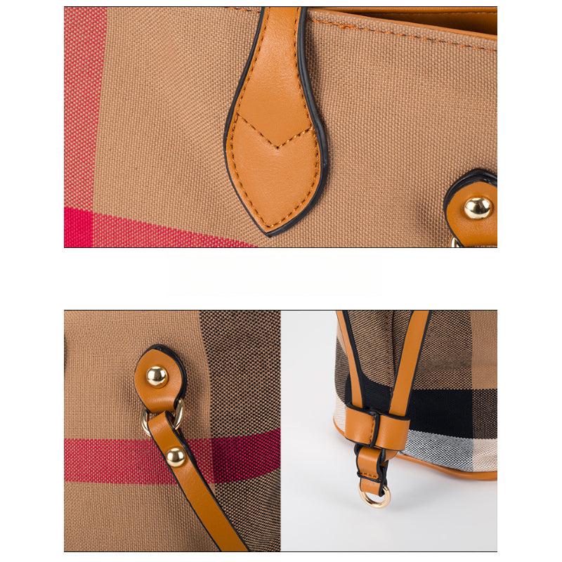 Classic Checkered Canvas & Leather Tote Bag