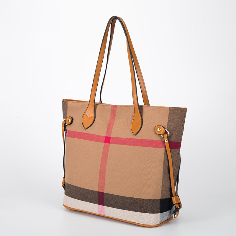 Classic Checkered Canvas & Leather Tote Bag