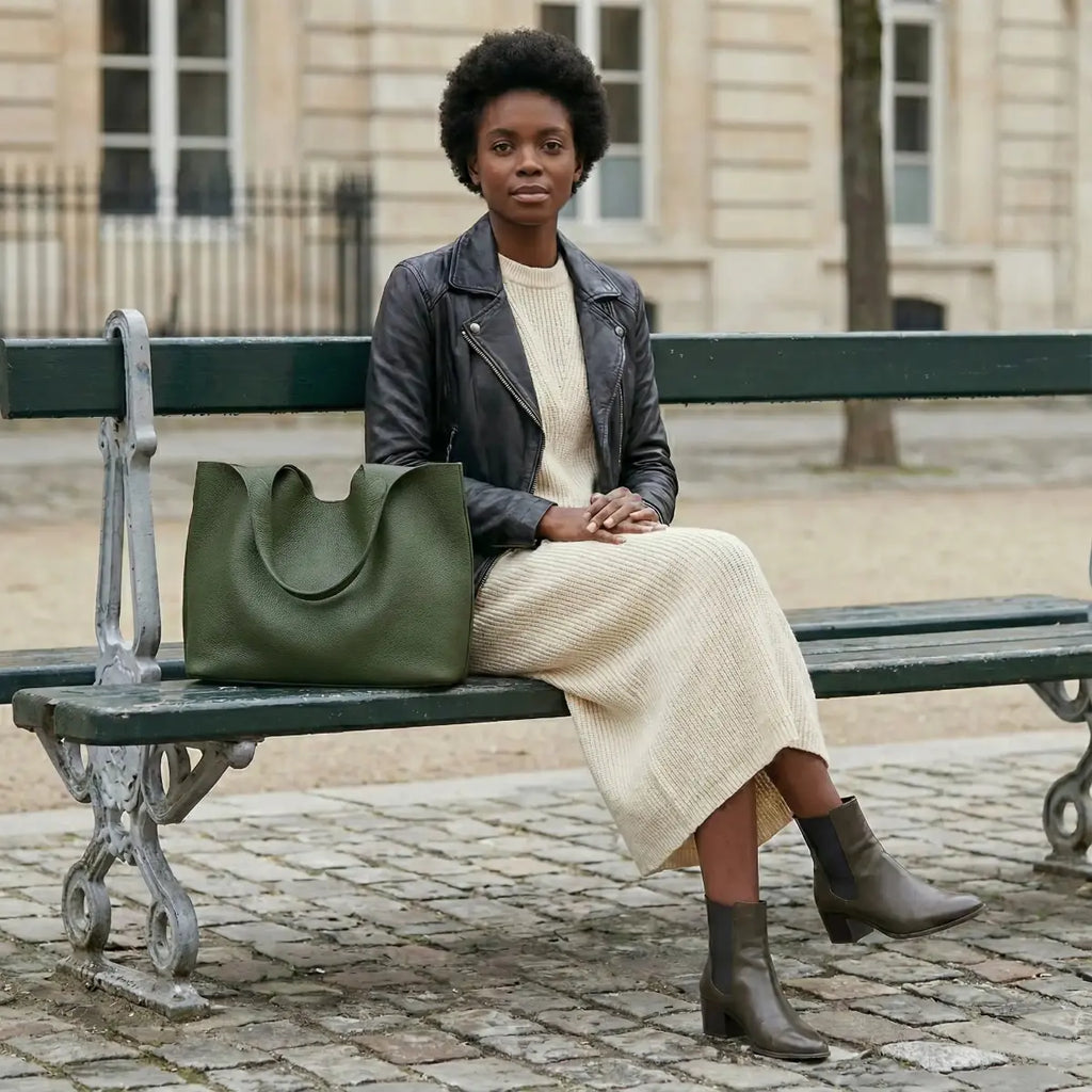 Minimalist Genuine Leather Tote Bag-Green