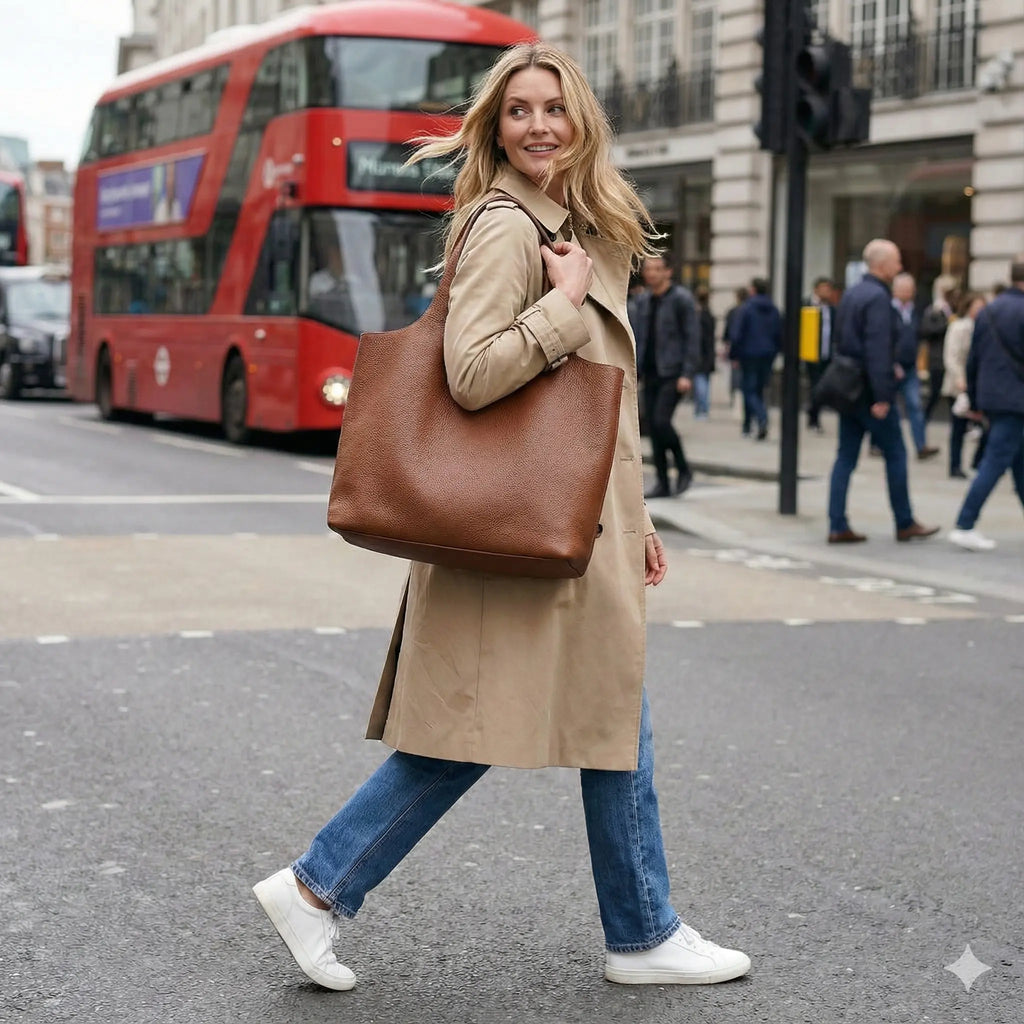Minimalist Genuine Leather Tote Bag-Brown