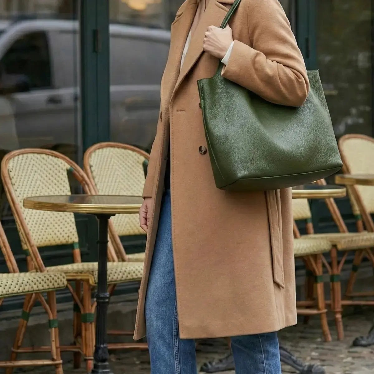 Minimalist Genuine Leather Tote Bag-Green