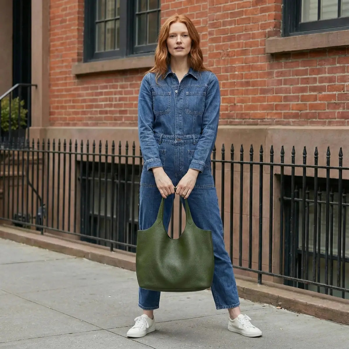 Minimalist Genuine Leather Tote Bag-Green