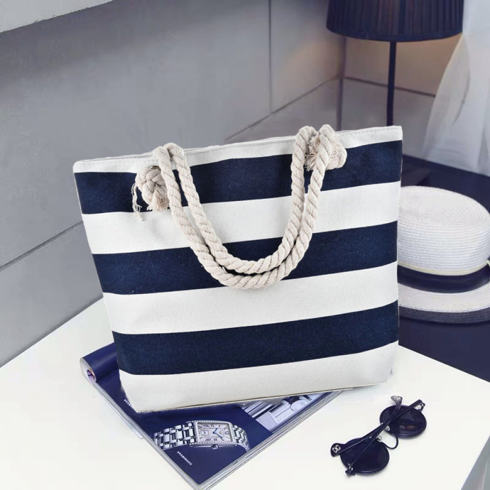 Large Canvas Striped Beach Tote Bag