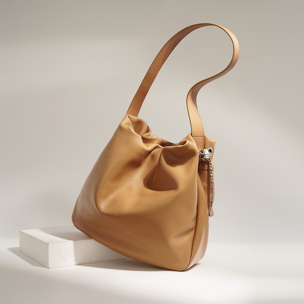 Cowhide Chic Wrinkled Underarm Bucket Tote Bag