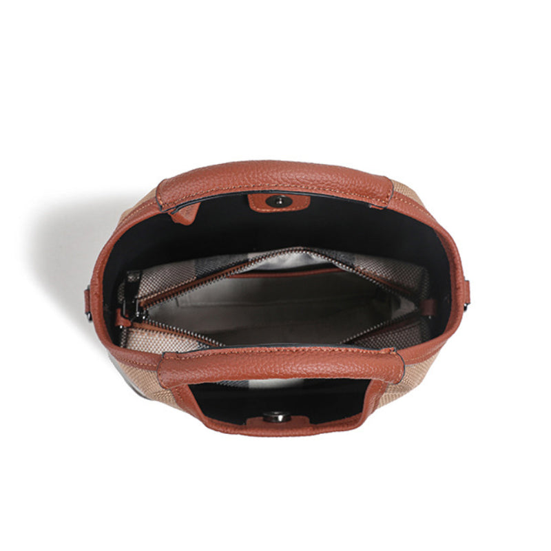 Classic Checkered Canvas & Leather Bucket Bag