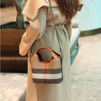 Classic Checkered Canvas & Leather Bucket Bag