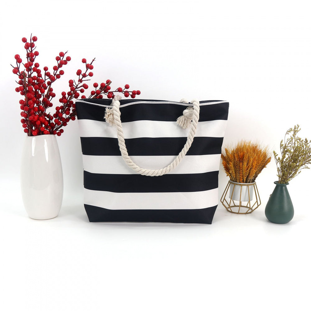 Large Canvas Striped Beach Tote Bag