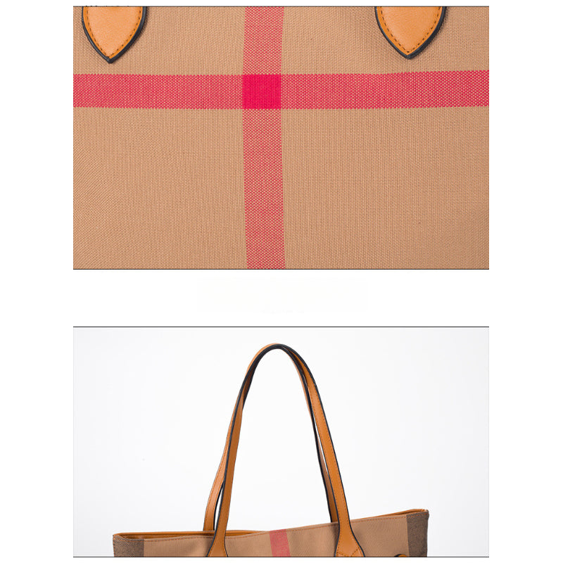 Classic Checkered Canvas & Leather Tote Bag
