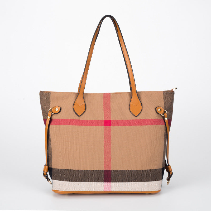 Classic Checkered Canvas & Leather Tote Bag