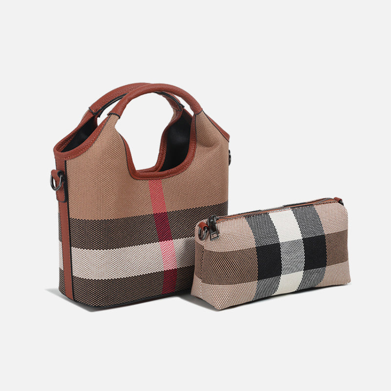 Classic Checkered Canvas & Leather Bucket Bag