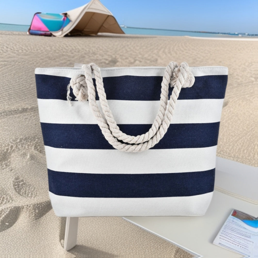 Large Canvas Striped Beach Tote Bag