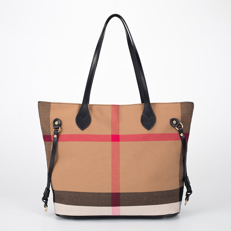 Classic Checkered Canvas & Leather Tote Bag