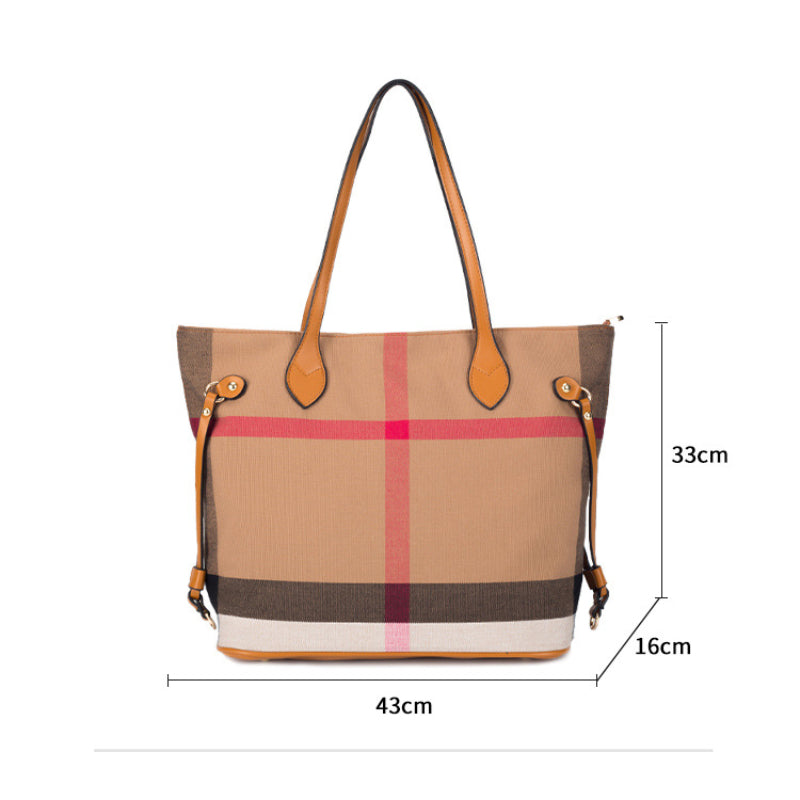 Classic Checkered Canvas & Leather Tote Bag