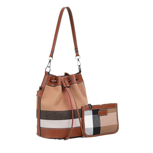 Checkered Canvas & Leather Bucket Bag