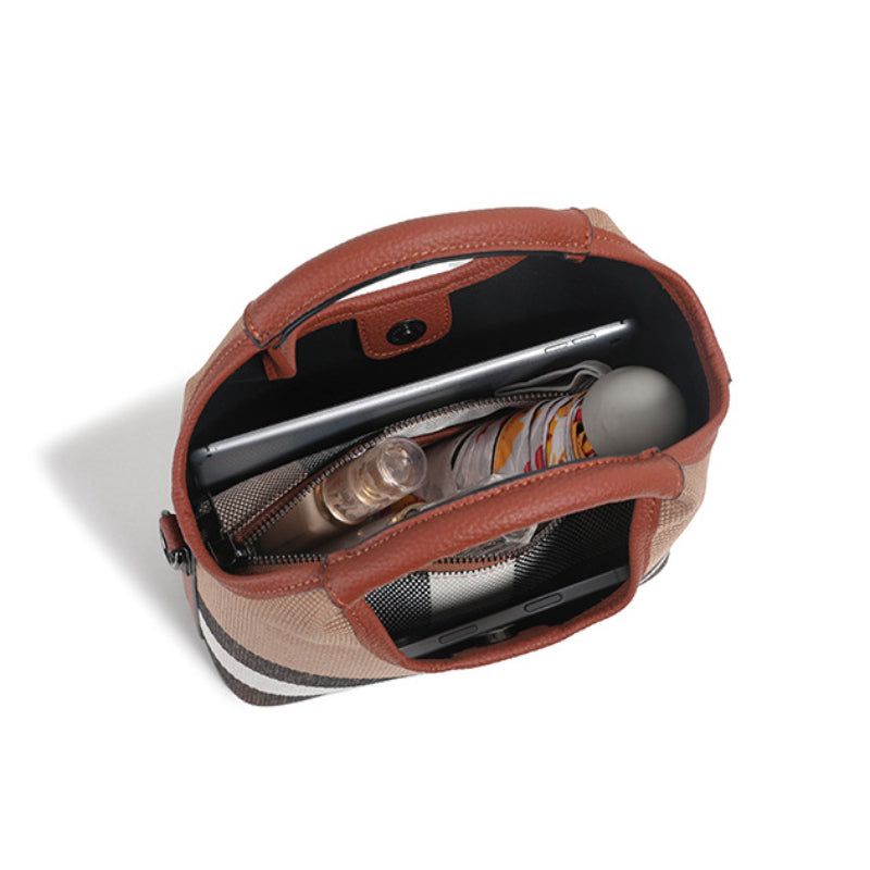 Classic Checkered Canvas & Leather Bucket Bag