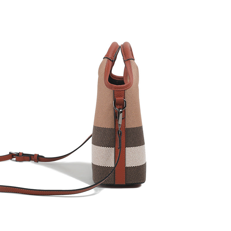 Classic Checkered Canvas & Leather Bucket Bag