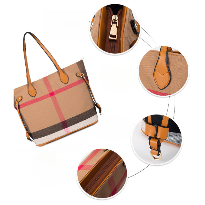Classic Checkered Canvas & Leather Tote Bag