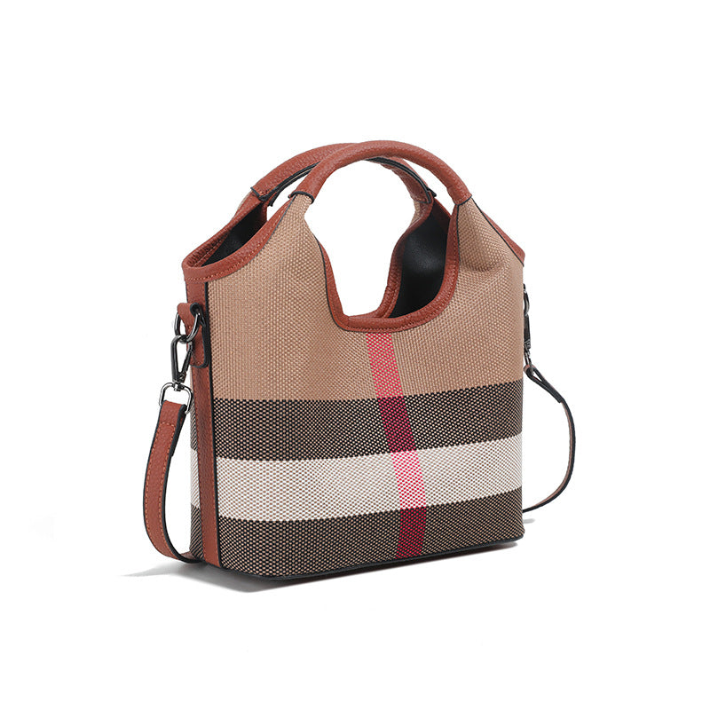 Classic Checkered Canvas & Leather Bucket Bag