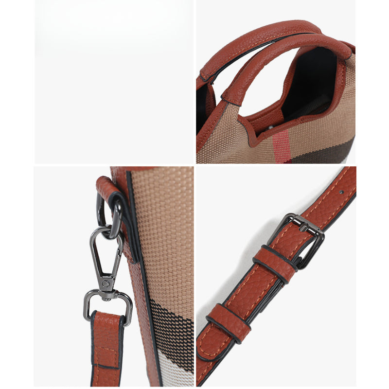 Classic Checkered Canvas & Leather Bucket Bag