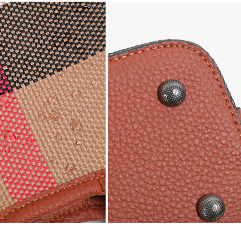 Classic Checkered Canvas & Leather Bucket Bag