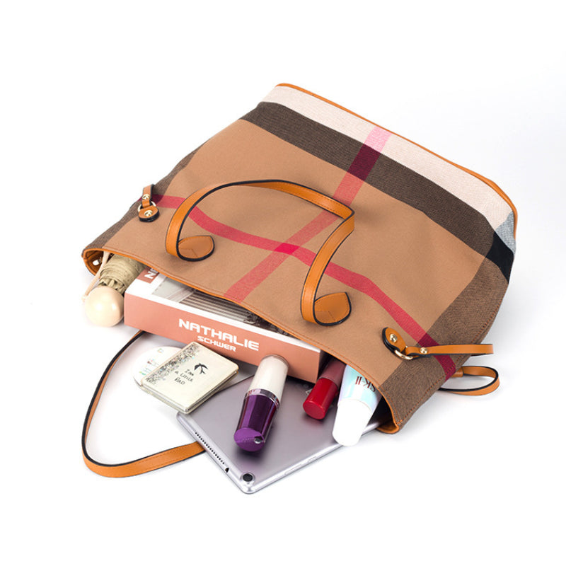 Classic Checkered Canvas & Leather Tote Bag