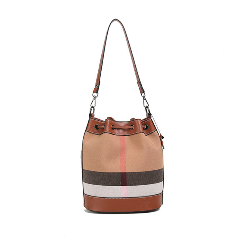 Checkered Canvas & Leather Bucket Bag
