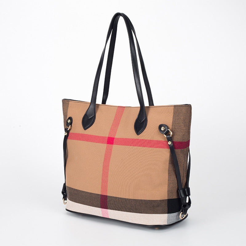 Classic Checkered Canvas & Leather Tote Bag