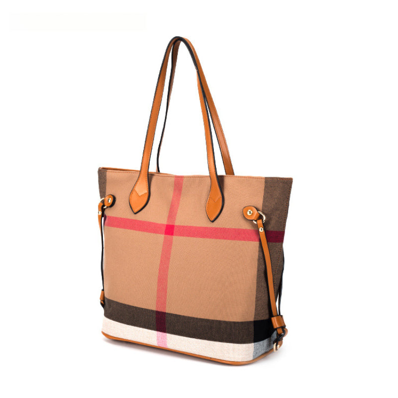 Classic Checkered Canvas & Leather Tote Bag