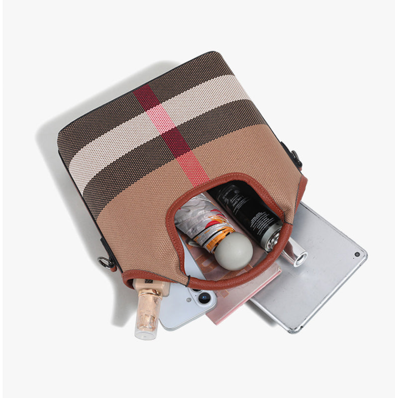 Classic Checkered Canvas & Leather Bucket Bag