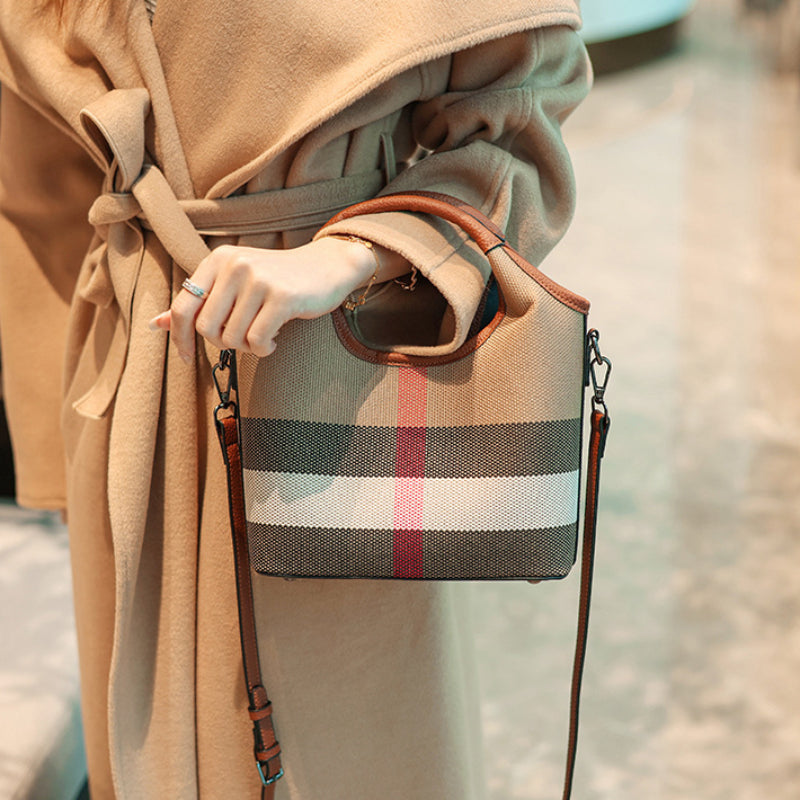 Classic Checkered Canvas & Leather Bucket Bag