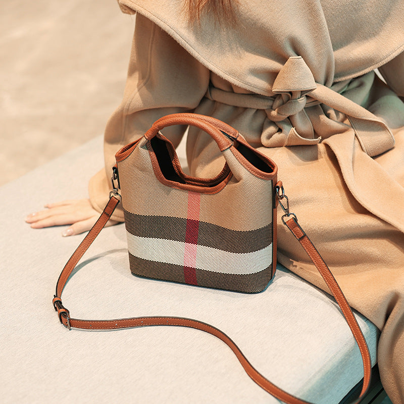 Classic Checkered Canvas & Leather Bucket Bag