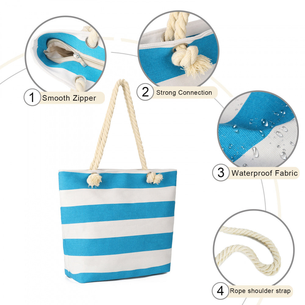 Large Canvas Striped Beach Tote Bag